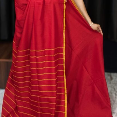 Red Pure Handloom Cotton Saree with Stripe Weaving Pallu and Border