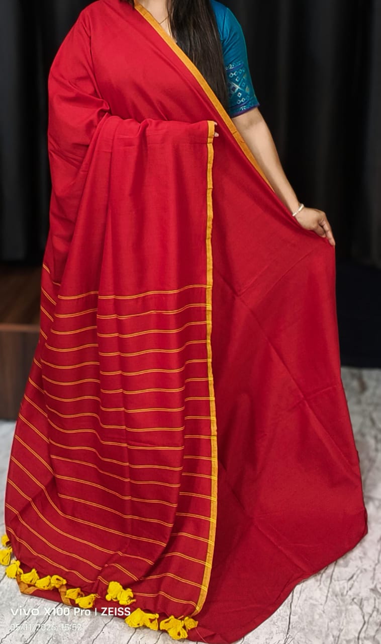Red Pure Handloom Cotton Saree with Stripe Weaving Pallu and Border