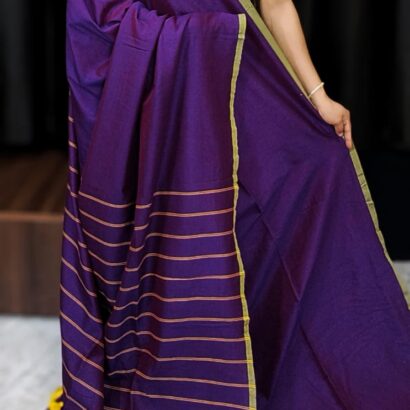 Purple Pure Handloom Cotton Saree with Stripe Weaving Pallu and Border
