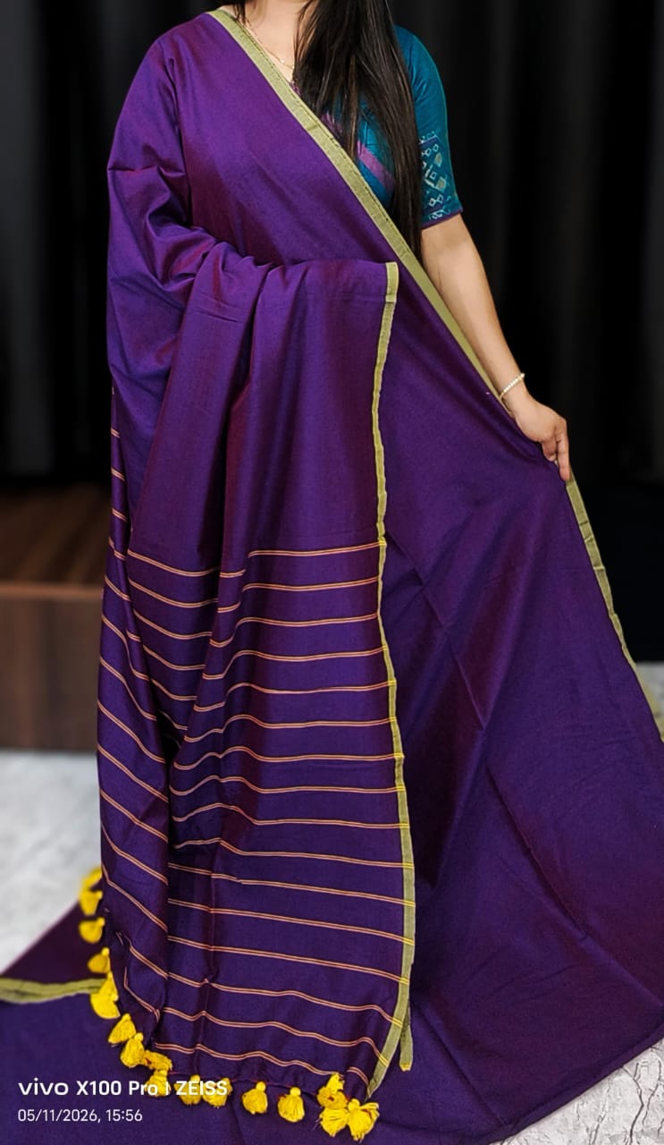 Purple Pure Handloom Cotton Saree with Stripe Weaving Pallu and Border