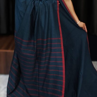 Navy Blue Pure Handloom Cotton Saree with Stripe Weaving Pallu and Borde