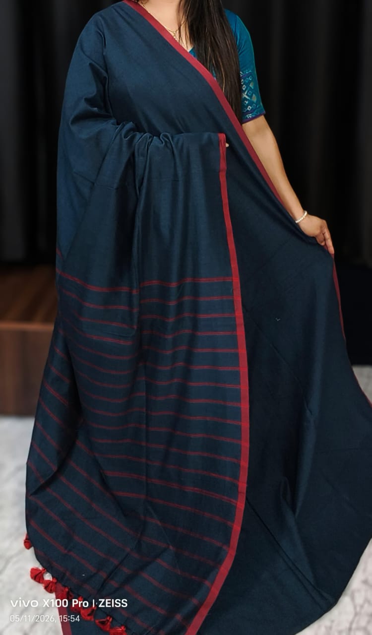Navy Blue Pure Handloom Cotton Saree with Stripe Weaving Pallu and Borde