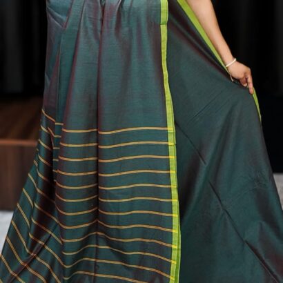 Mehendi Green Pure Handloom Cotton Saree with Stripe Weaving Pallu and Border
