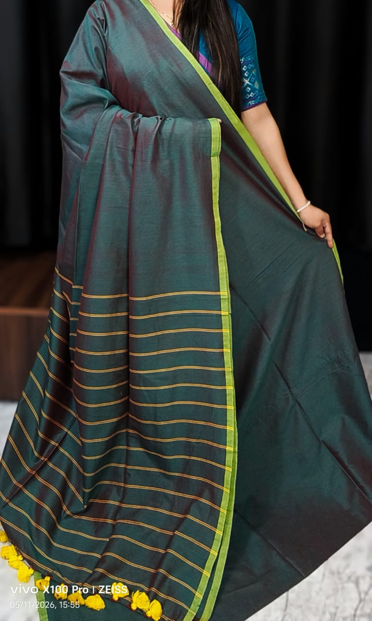 Mehendi Green Pure Handloom Cotton Saree with Stripe Weaving Pallu and Border