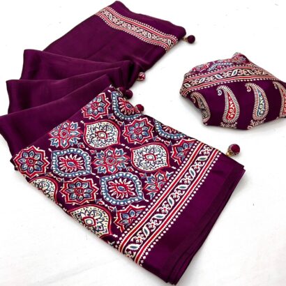 Wine Purple Ajrakh Modal Satin Silk Saree with Traditional Digital Print and Matching Blouse Piece