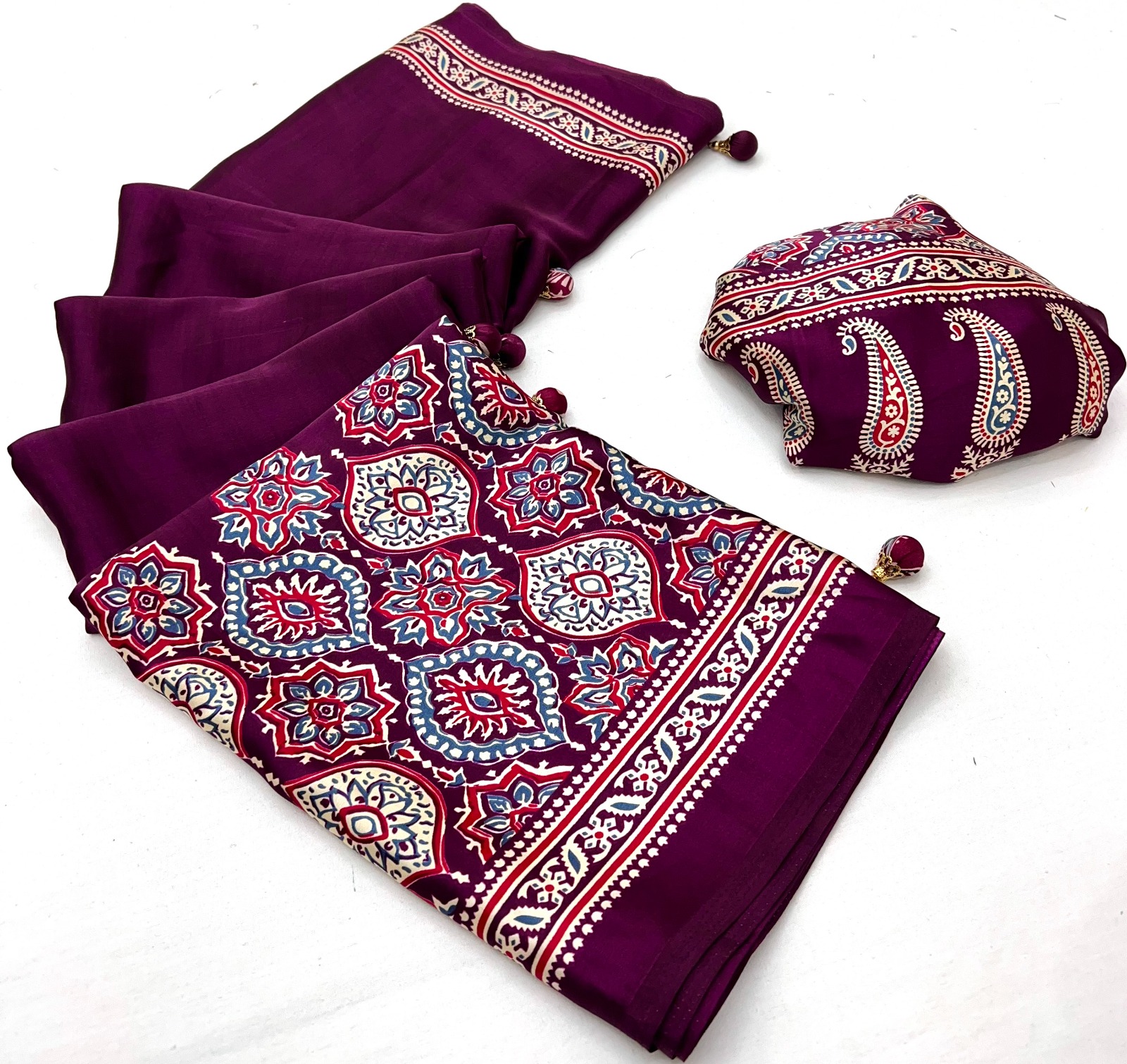 Wine Purple Ajrakh Modal Satin Silk Saree with Traditional Digital Print and Matching Blouse Piece