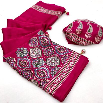 Rani Pink Ajrakh Modal Satin Silk Saree with Traditional Digital Print and Matching Blouse Piece