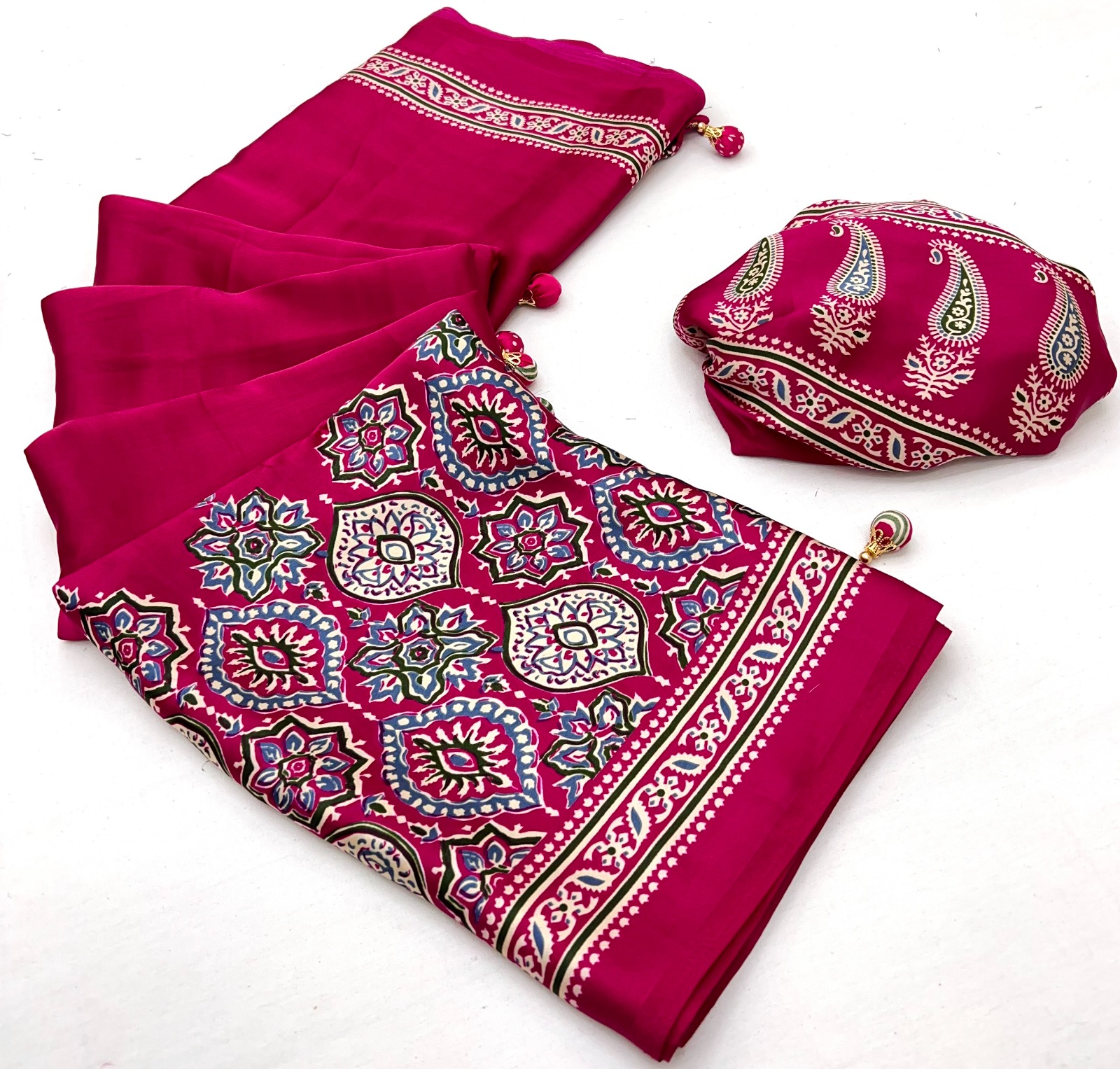 Rani Pink Ajrakh Modal Satin Silk Saree with Traditional Digital Print and Matching Blouse Piece