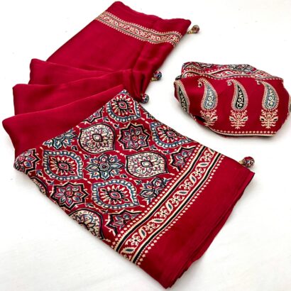 Ruby Red Ajrakh Modal Satin Silk Saree with Traditional Digital Print and Matching Blouse Piece
