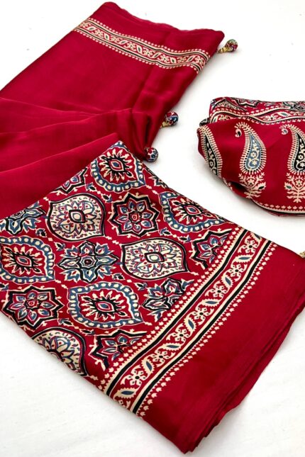 Ruby Red Ajrakh Modal Satin Silk Saree with Traditional Digital Print and Matching Blouse Piece
