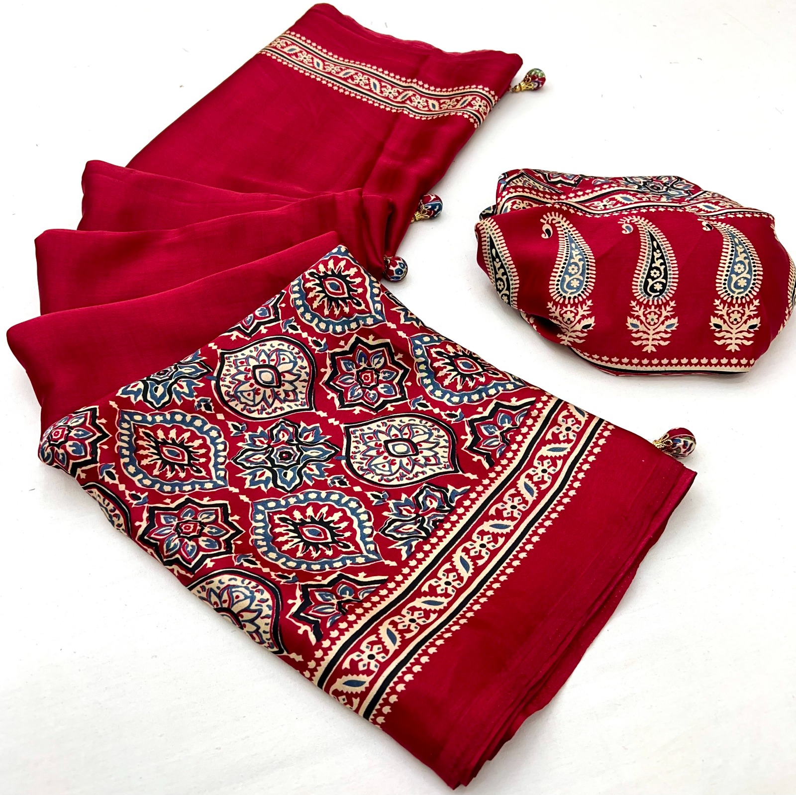Ruby Red Ajrakh Modal Satin Silk Saree with Traditional Digital Print and Matching Blouse Piece
