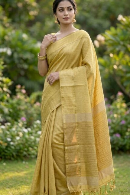 Elegant Mustard Gold Semi Matka Silk Saree with Zari Weaving and Rettapet Border