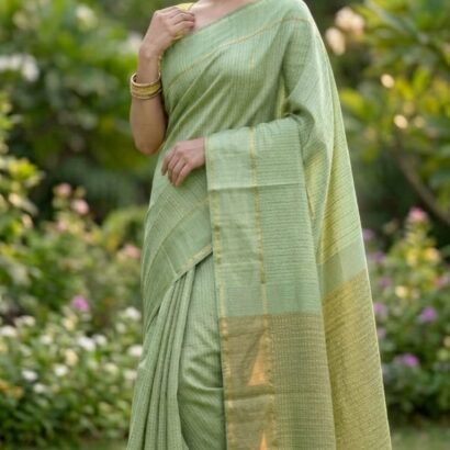 Soft Pastel Mint Green Semi Matka Silk Saree with Golden Zari Weaving