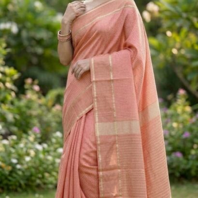 Stylish Peach Blush Semi Matka Silk Saree with Traditional Zari Border