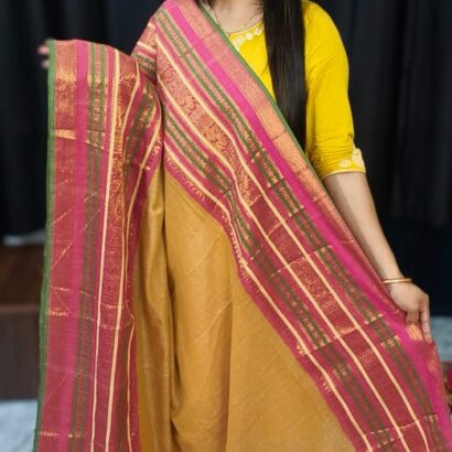 Premium Handloom Bengal Mul Cotton Saree in Mustard with Rani Pink Zari Border and Traditional Handloom Design