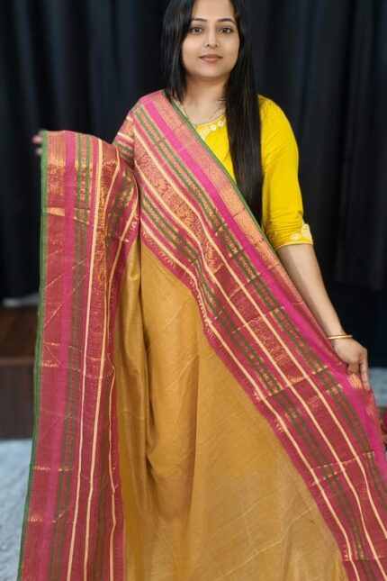 Premium Handloom Bengal Mul Cotton Saree in Mustard with Rani Pink Zari Border and Traditional Handloom Design