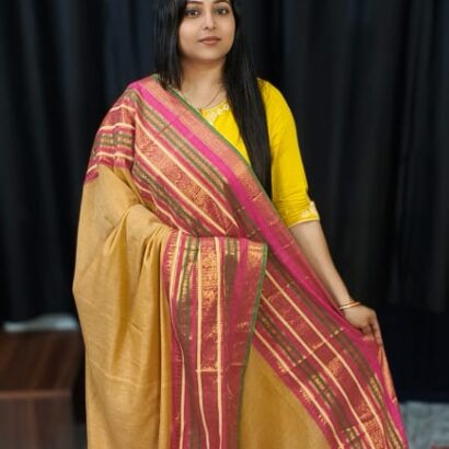Premium Handloom Bengal Mul Cotton Saree in Mustard with Rani Pink Zari Border and Traditional Handloom Design
