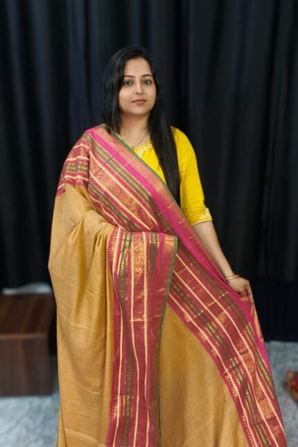 Premium Handloom Bengal Mul Cotton Saree in Mustard with Rani Pink Zari Border and Traditional Handloom Design