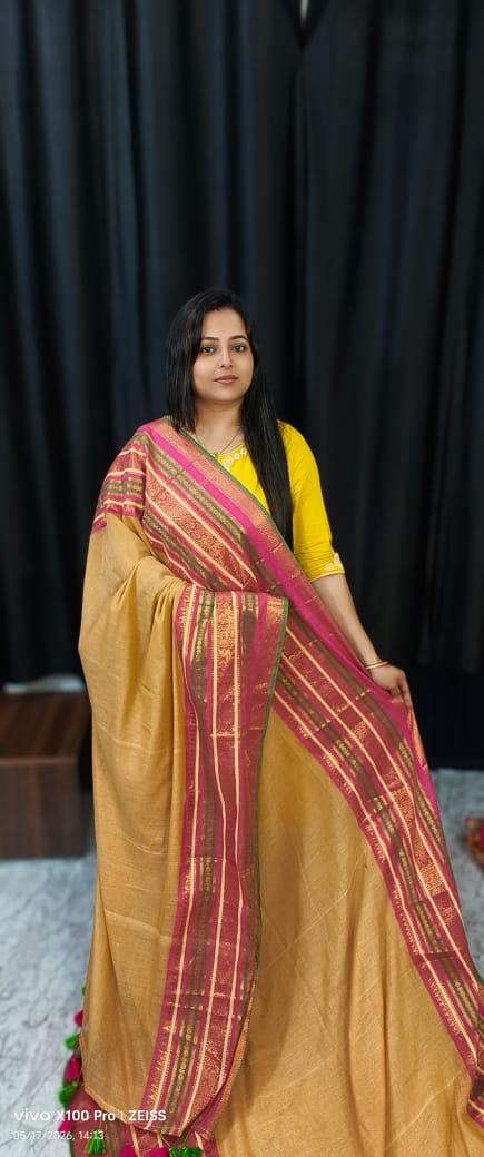 Premium Handloom Bengal Mul Cotton Saree in Mustard with Rani Pink Zari Border and Traditional Handloom Design