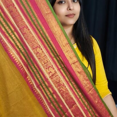 Premium Handloom Bengal Mul Cotton Saree in Mustard with Rani Pink Zari Border and Traditional Handloom Design