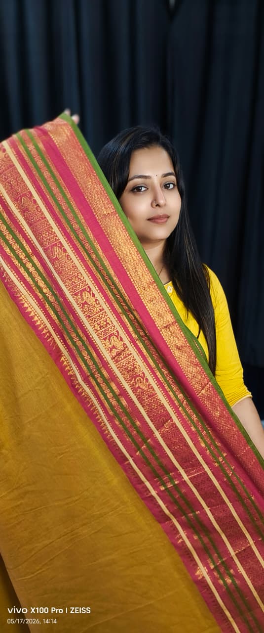 Premium Handloom Bengal Mul Cotton Saree in Mustard with Rani Pink Zari Border and Traditional Handloom Design