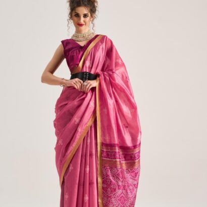 Rani Pink Bandhej Art Silk Saree with Traditional Patola Weaving Design