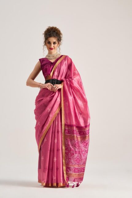 Rani Pink Bandhej Art Silk Saree with Traditional Patola Weaving Design