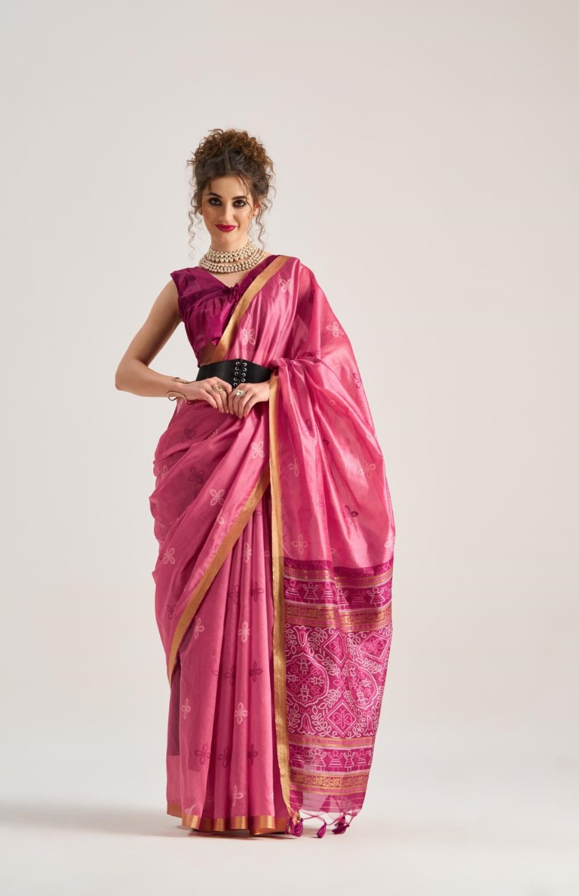 Rani Pink Bandhej Art Silk Saree with Traditional Patola Weaving Design