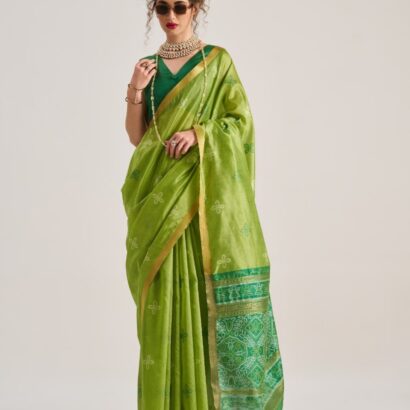 Parrot Green Bandhej Art Silk Saree with Traditional Patola Weaving Design