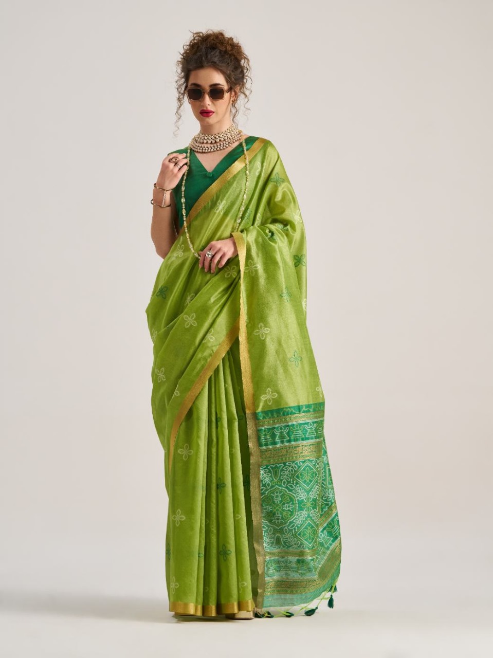 Parrot Green Bandhej Art Silk Saree with Traditional Patola Weaving Design