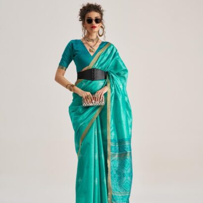 Aqua Blue Bandhej Art Silk Saree with Traditional Patola Weaving Design