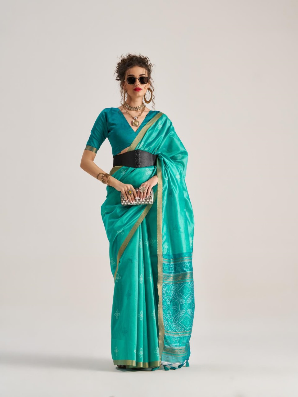 Aqua Blue Bandhej Art Silk Saree with Traditional Patola Weaving Design