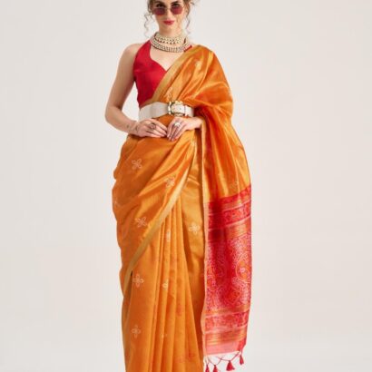 Sunset Orange Bandhej Art Silk Saree with Traditional Patola Weaving Design