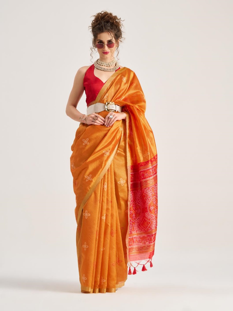 Sunset Orange Bandhej Art Silk Saree with Traditional Patola Weaving Design