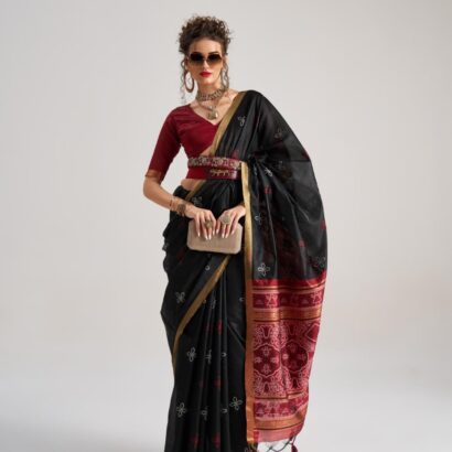 Black Bandhej Art Silk Saree with Traditional Patola Weaving Design