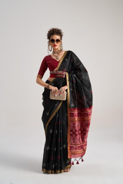 Black Bandhej Art Silk Saree with Traditional Patola Weaving Design