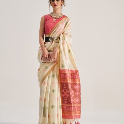 Ivory Cream Bandhej Art Silk Saree with Traditional Patola Weaving Design