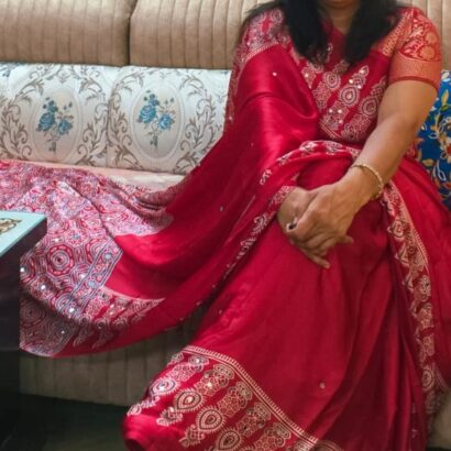 Ruby Red Ajrakh Print Modal Silk Saree with Original Mirror Work and Designer Pallu