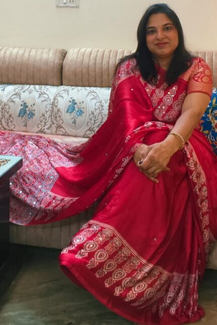 Ruby Red Ajrakh Print Modal Silk Saree with Original Mirror Work and Designer Pallu
