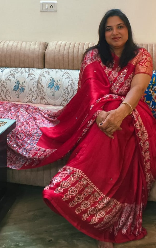 Ruby Red Ajrakh Print Modal Silk Saree with Original Mirror Work and Designer Pallu