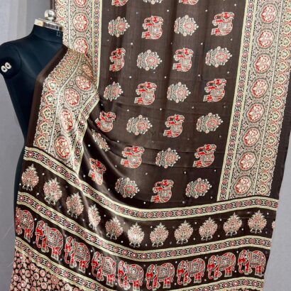 Handloom Ajrakh Mirror Work Saree in Dark Brown with Elephant Hand Block Print