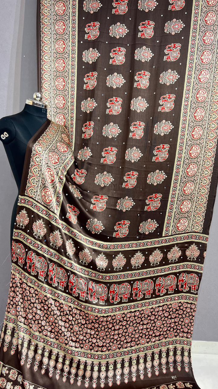 Handloom Ajrakh Mirror Work Saree in Dark Brown with Elephant Hand Block Print
