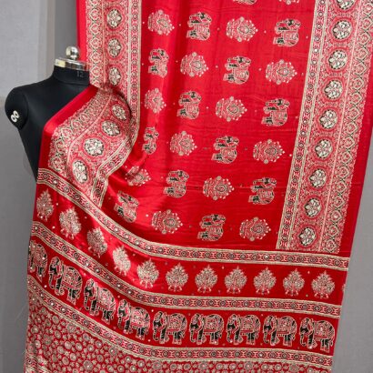 Handloom Ajrakh Mirror Work Saree in Bright Red with Elephant Hand Block Print