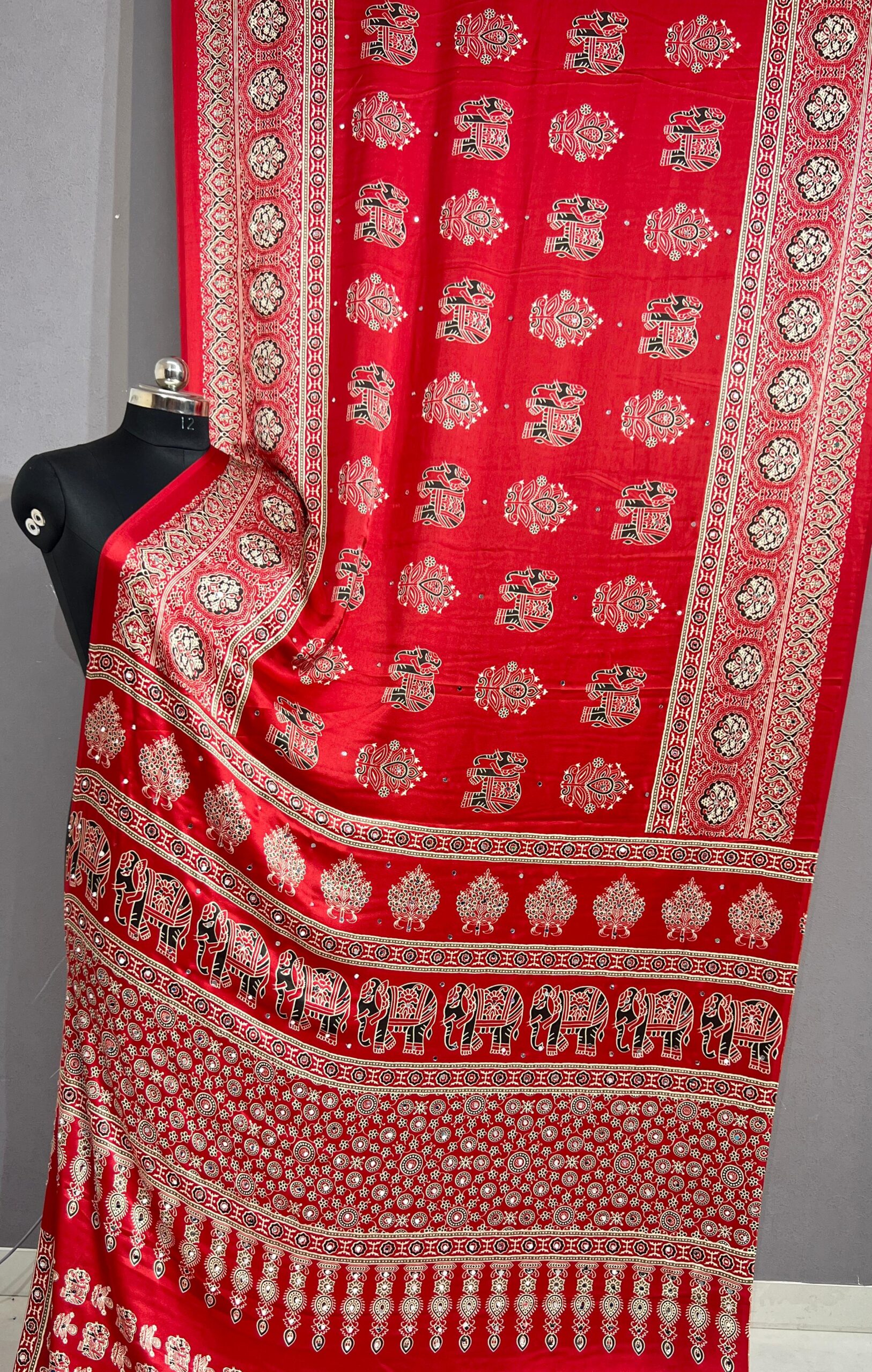 Handloom Ajrakh Mirror Work Saree in Bright Red with Elephant Hand Block Print