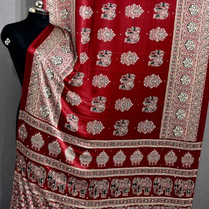 Handloom Ajrakh Mirror Work Saree in Maroon Red with Elephant Hand Block Print