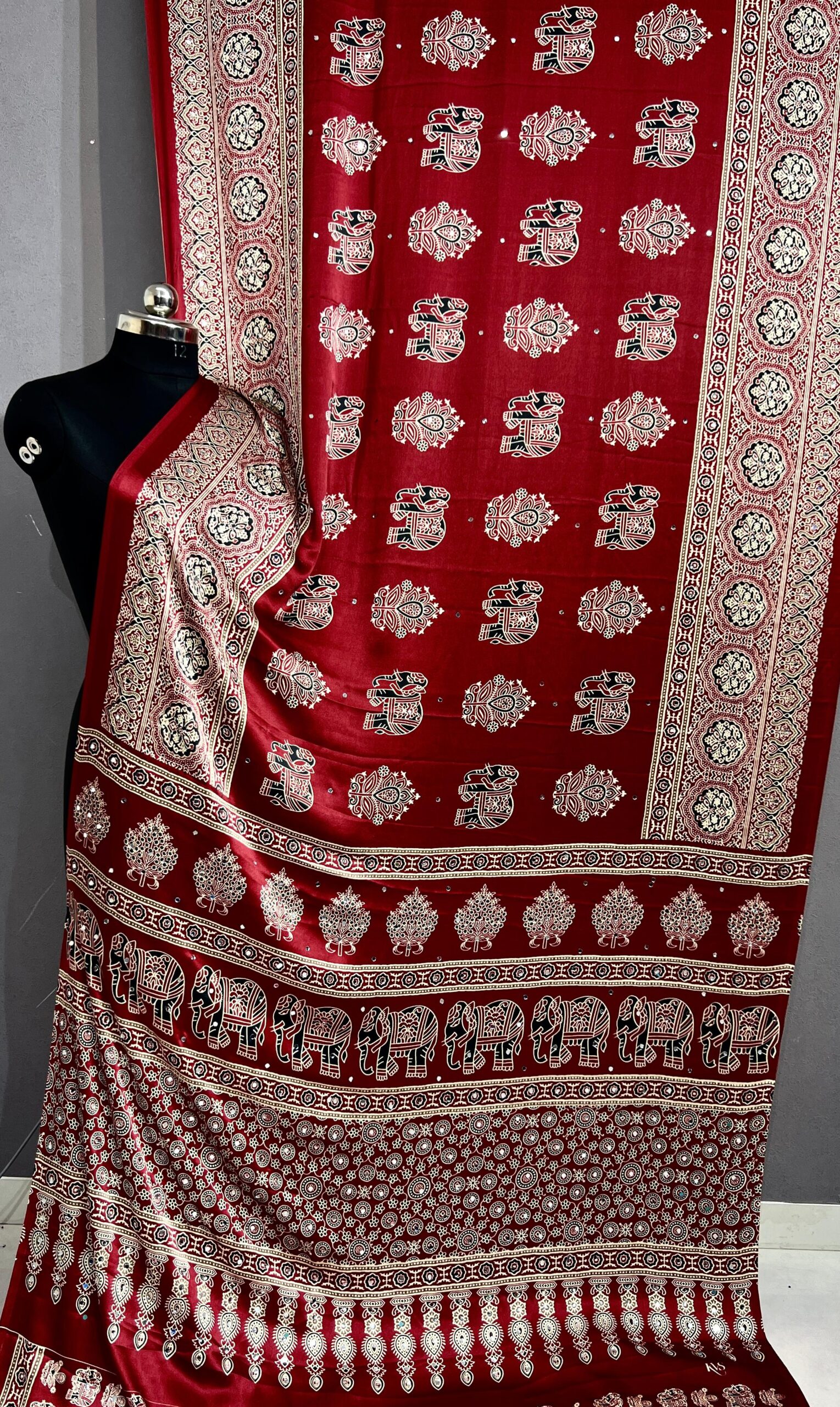 Handloom Ajrakh Mirror Work Saree in Maroon Red with Elephant Hand Block Print