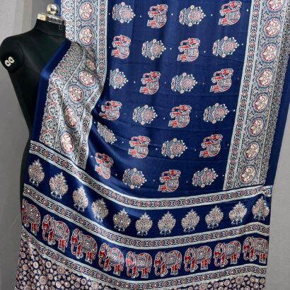 Handloom Ajrakh Mirror Work Saree in Royal Blue with Elephant Hand Block Print