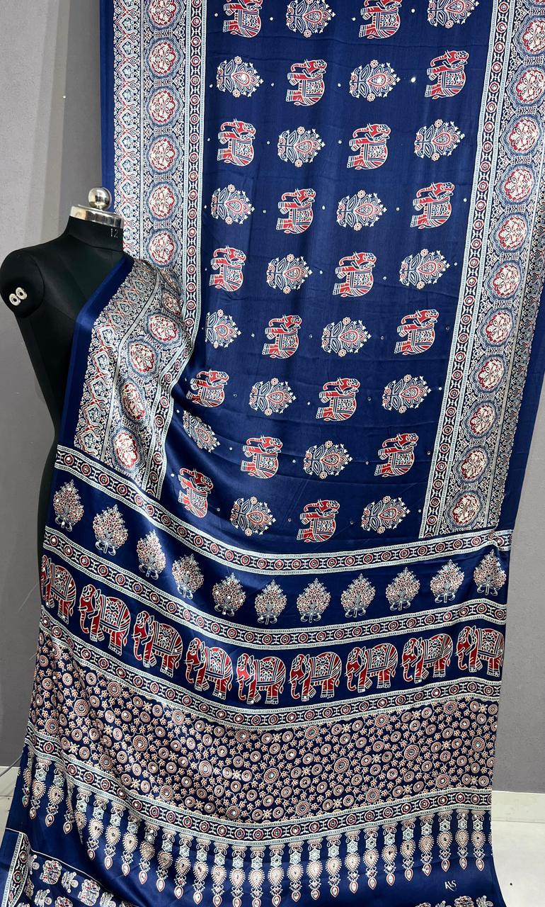 Handloom Ajrakh Mirror Work Saree in Royal Blue with Elephant Hand Block Print