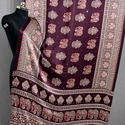 Handloom Ajrakh Mirror Work Saree in Wine Purple with Elephant Hand Block Print