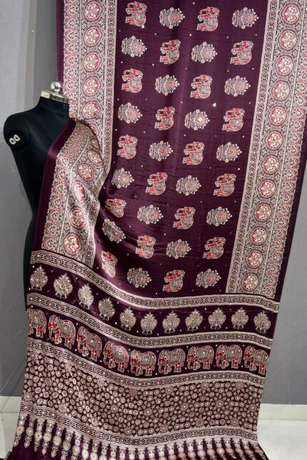 Handloom Ajrakh Mirror Work Saree in Wine Purple with Elephant Hand Block Print